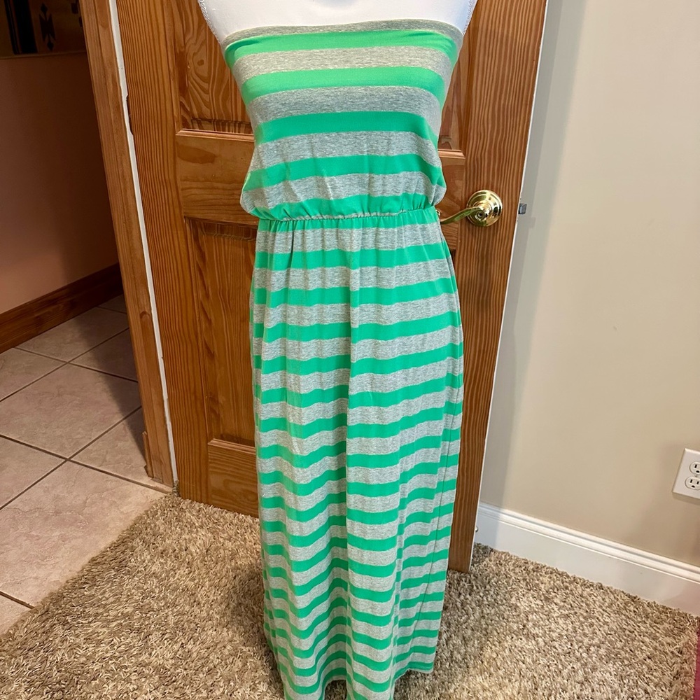 Susana Monaco Striped Strapless Maxi Dress in Mint and Heather Gray